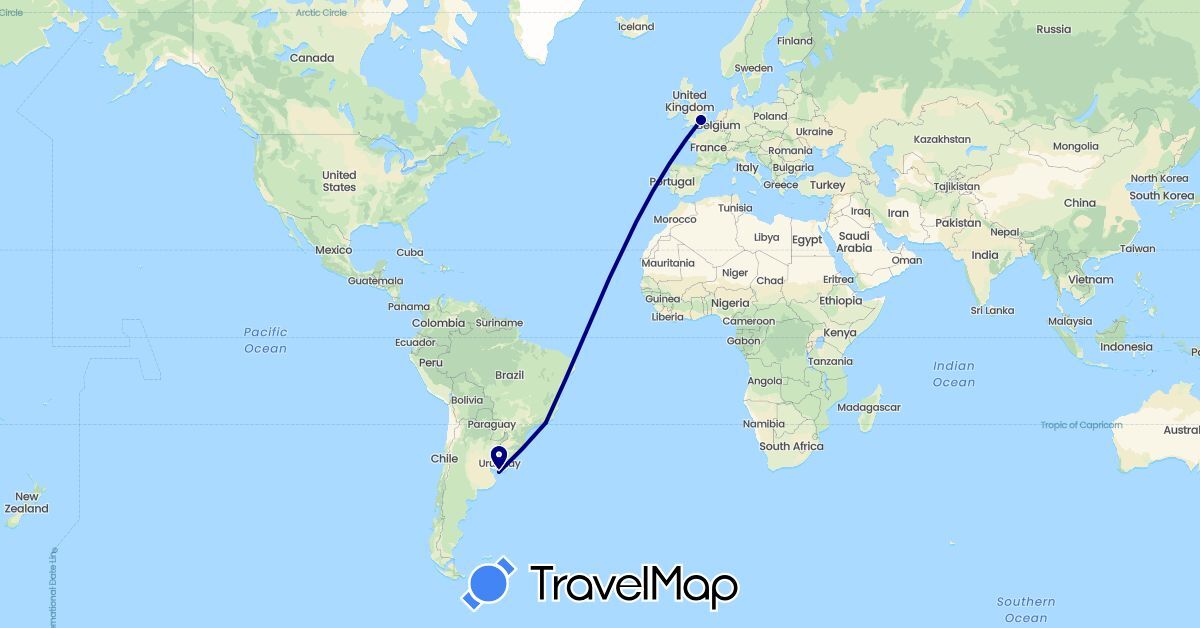 TravelMap itinerary: driving in Brazil, United Kingdom, Uruguay (Europe, South America)